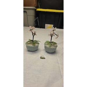 Vintage miniature Glass Pink Flower with Glass Green Leaves in Pot Set Of 2